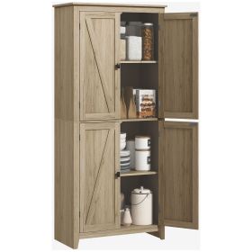 HOMCOM 72" Freestanding Kitchen Pantry Cabinet, Farmhouse Tall Storage Cabinet with 4 Door Cabinets and Adjustable Shelves for Dining Room, Natur